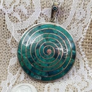 Turquoise And Coral Silver Spiral Pendant